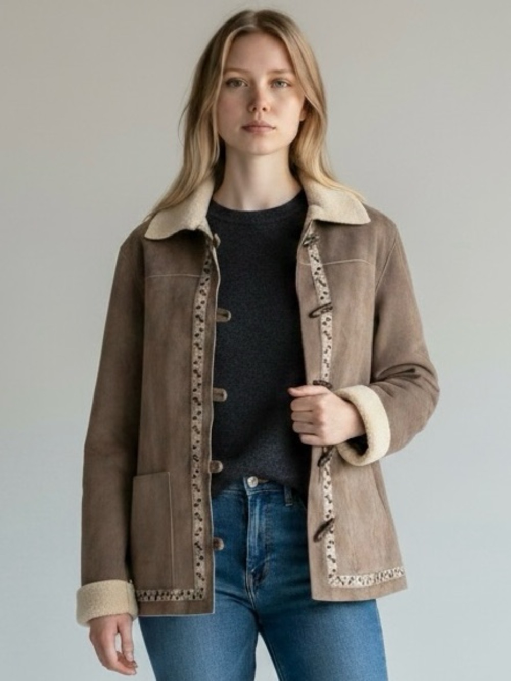 Vintage 90's Alfred Dunner Taupe Suede Toggle Jacket with Cream Trim